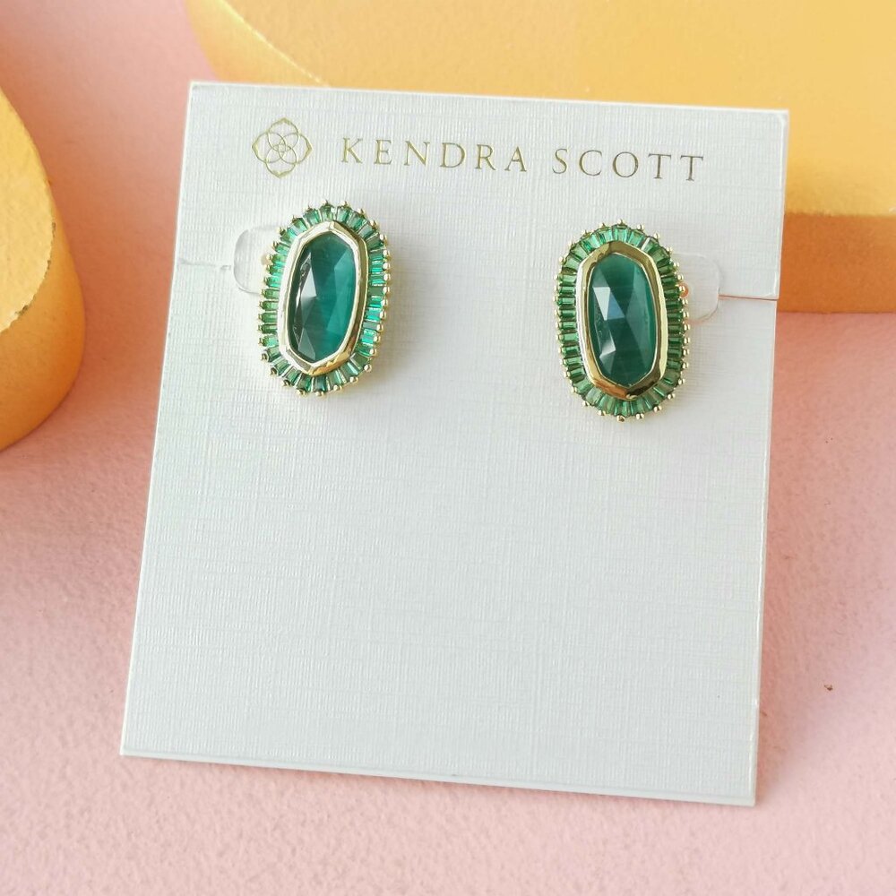 Kendra Scott - Baguette Ellie Green Mix Gold Stud Earrings - NEW
